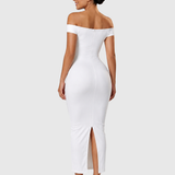 Off Shoulder Ruched Bust Bodycon Maxi Dress with Back Slit
