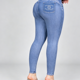 High Waist Double Button Rhinestone Ripped Butt Lifting Skinny Jeans
