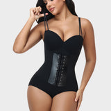 V Neck Double Thin Strap Leather Lace Up Tummy Control Bodysuit