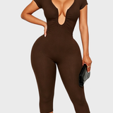 Short Sleeve Plunge Neck Bodycon Capri Jumpsuit with Back Zipper