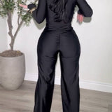 Women's Long Sleeve Plunge Neck Cut out Flared Jumpsuit