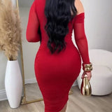 Elegant Slant Collar Long Sleeve Mesh Bodycon Midi Dress