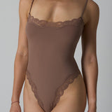 Spaghetti Strap Triangle Shapewear Bodysuit with Lace Trim