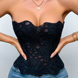 Sexy Mesh Cut Out Lace Double Layer Tummy Control Corset with Back Tie