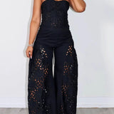 Elegant Strapless Floral Eyelet Cutout Top & Wide Leg Pants Set