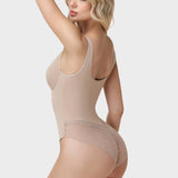 U Neck Wide Strap Lace Panel Thong Bodysuit Seamless Tummy Control Butt Lifting Shaper
