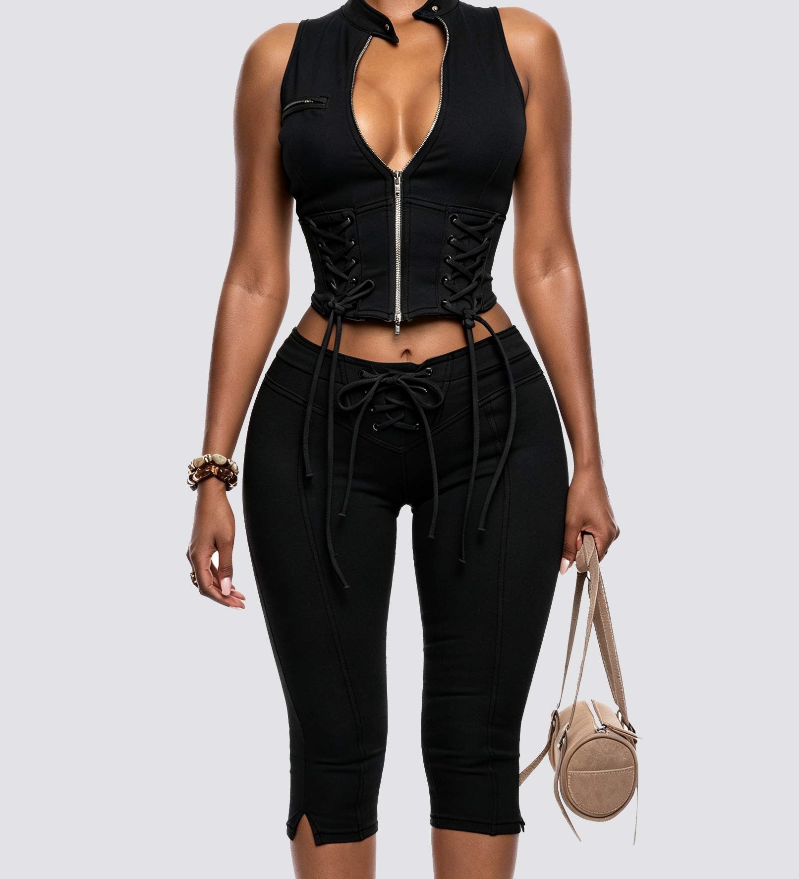 Two Piece Denim Set Zip Front Lace Up Sleeveless Top Capri Pants