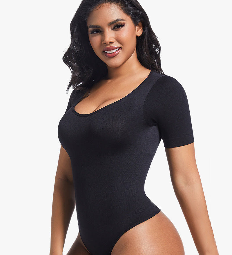Seamless Short Sleeve Thong Bodysuit Tummy Control Round Neck Body Shaper