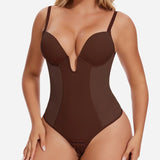 Sexy Plunge Neck Backless Mesh Panel Shapewear Thong Bodysuit