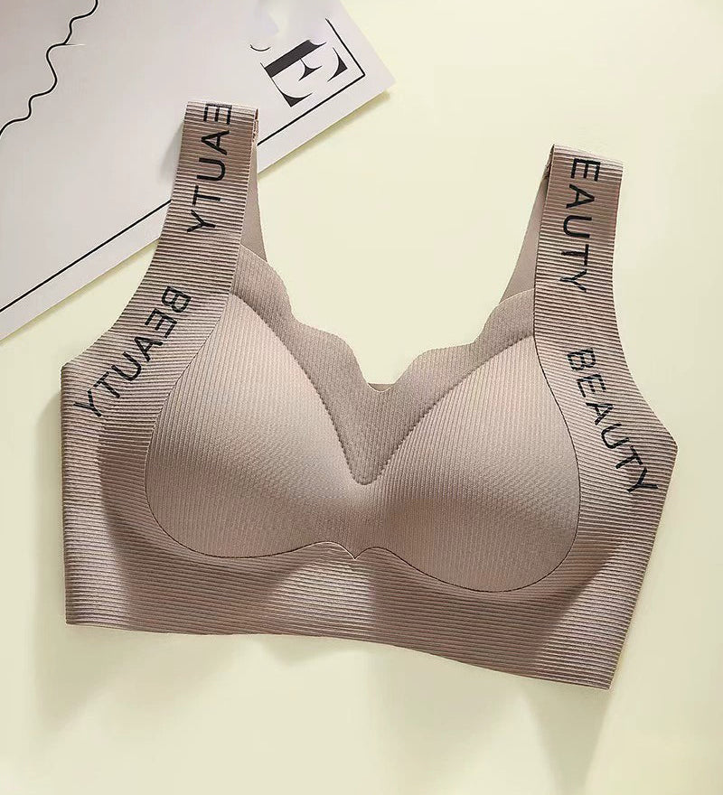 Thin Seamless Wireless Push-Up Fixed Cup Lettering Straps Bra