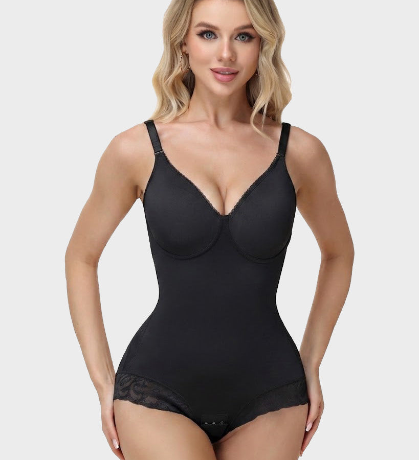 Seamless V Neck Adjustable Crisscross Back Lace Trim Hourglass Butt Lifting Bodysuit