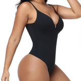 Metal V Detail Adjustable Thin Strap Seamless Hourglass Thong Bodysuit