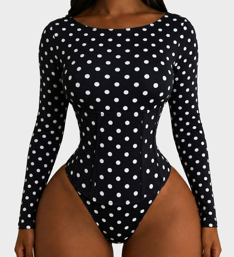 Polka Dot Scoop Neck Long Sleeve Bodysuit Detachable Corset Two Piece Set