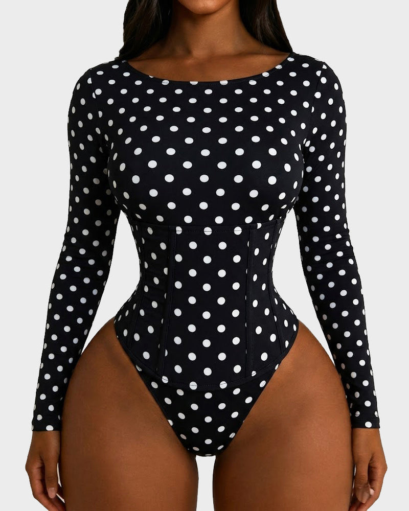 Polka Dot Scoop Neck Long Sleeve Bodysuit Detachable Corset Two Piece Set