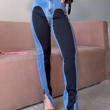 High Waist Contrast Color Skinny Jeans with Front Slit