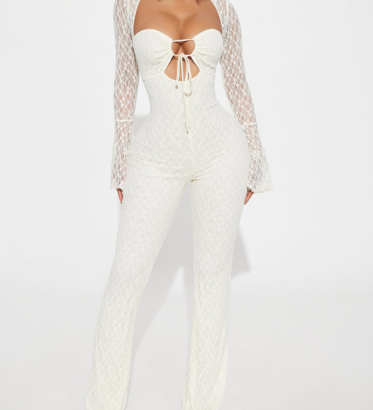 Sexy Cutout Front Tie Long Sleeve Open Back Lace Flare Jumpsuit