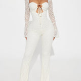 Sexy Cutout Front Tie Long Sleeve Open Back Lace Flare Jumpsuit