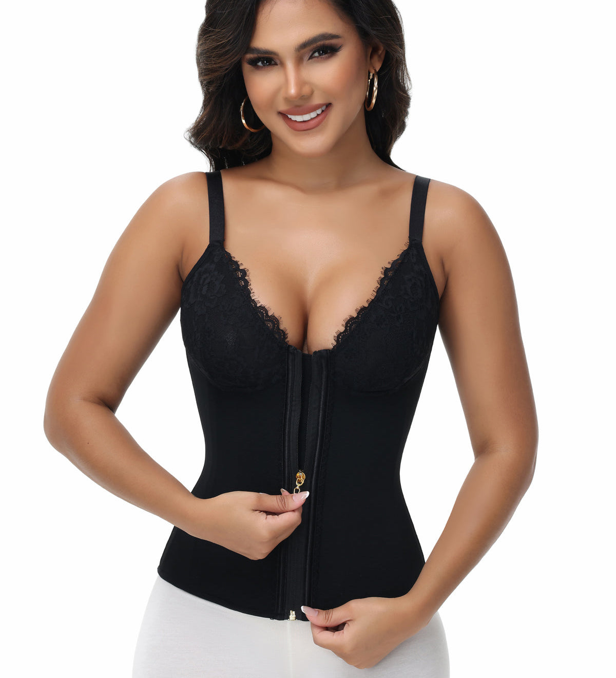 Sorelyne® Deep V Lace Corset Top Trimmed Waist Trainer with Front Zipper