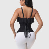 Black Shimmer Ruffle Trim Corset Top with Adjustable Straps