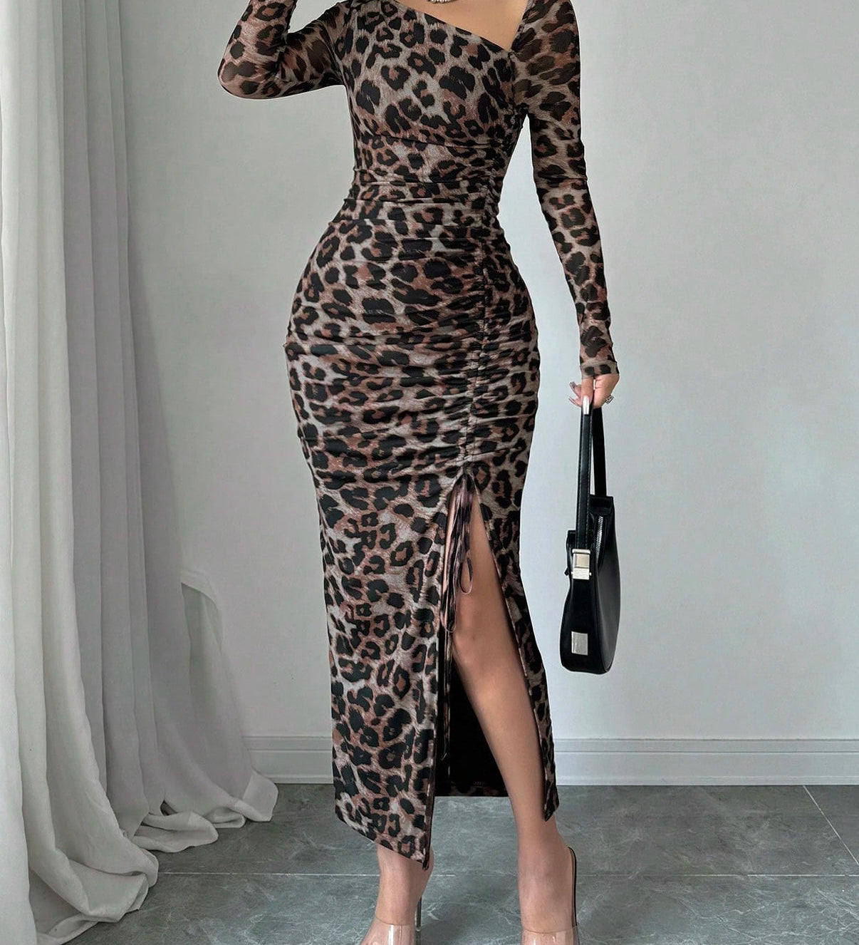 Long Sleeve Leopard Print Maxi Dress Side Ruched Slit Bodycon Dress