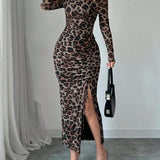 Long Sleeve Leopard Print Maxi Dress Side Ruched Slit Bodycon Dress