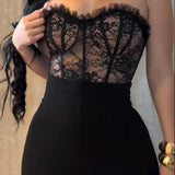 Sexy Lace Mesh Off-Shoulder Ruffled Trim Jumpsuit