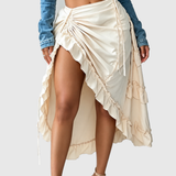 Side Drawstring Ruched Ruffle Trim Irregular High Low Midi Skirt