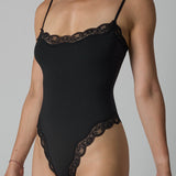 Spaghetti Strap Triangle Shapewear Bodysuit with Lace Trim
