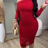 Elegant Slant Collar Long Sleeve Mesh Bodycon Midi Dress