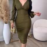 Deep V Neck Long Sleeves Ruched Bodycon Midi Dress
