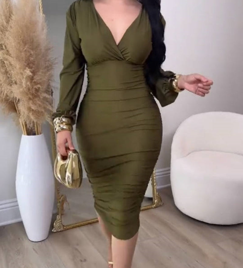 Deep V Neck Long Sleeves Ruched Bodycon Midi Dress