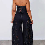 Elegant Strapless Floral Eyelet Cutout Top & Wide Leg Pants Set