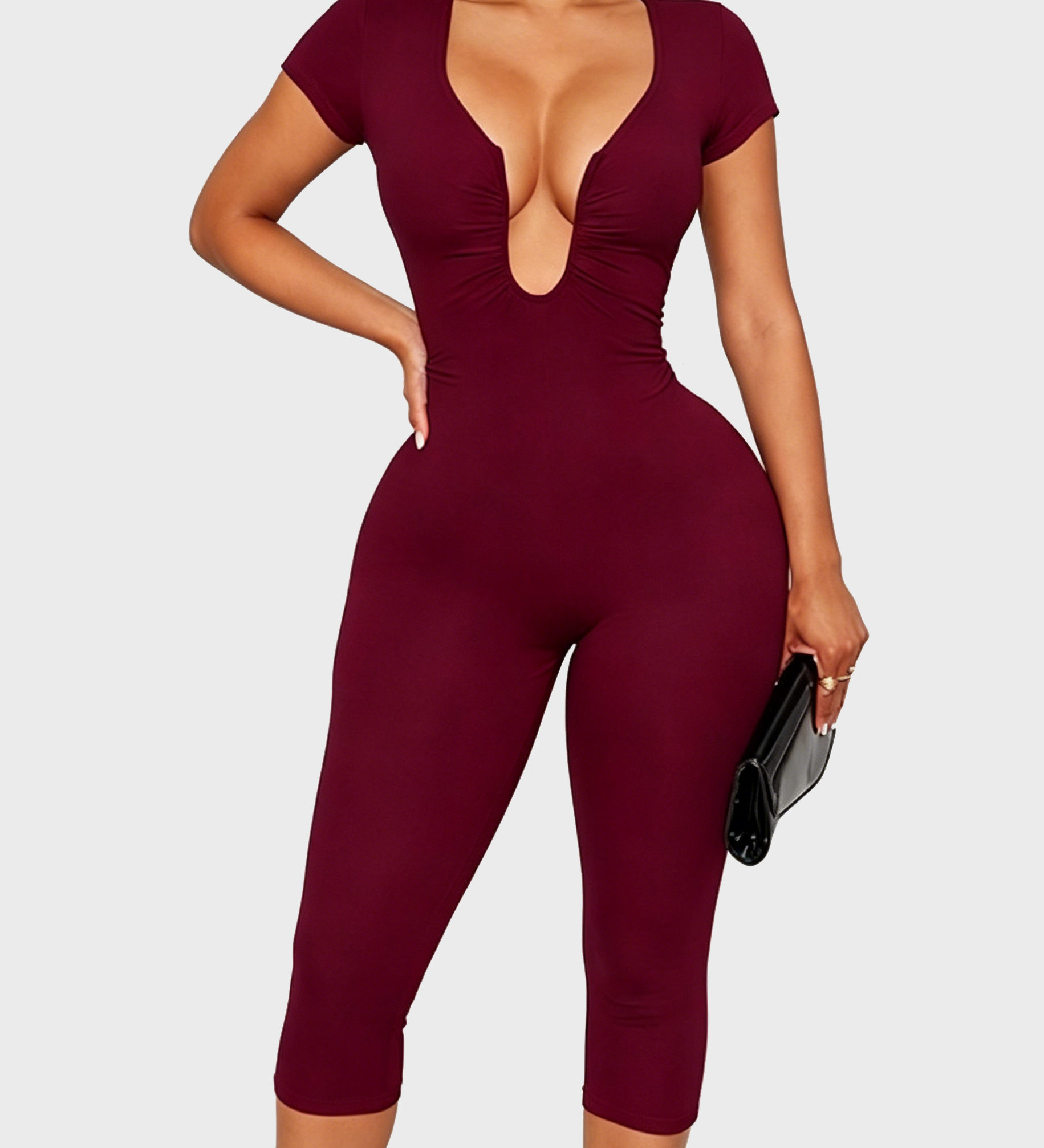 Short Sleeve Plunge Neck Bodycon Capri Jumpsuit with Back Zipper