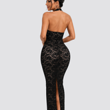 Halter Deep V Backless Lace Slit Midi Bodycon Dress