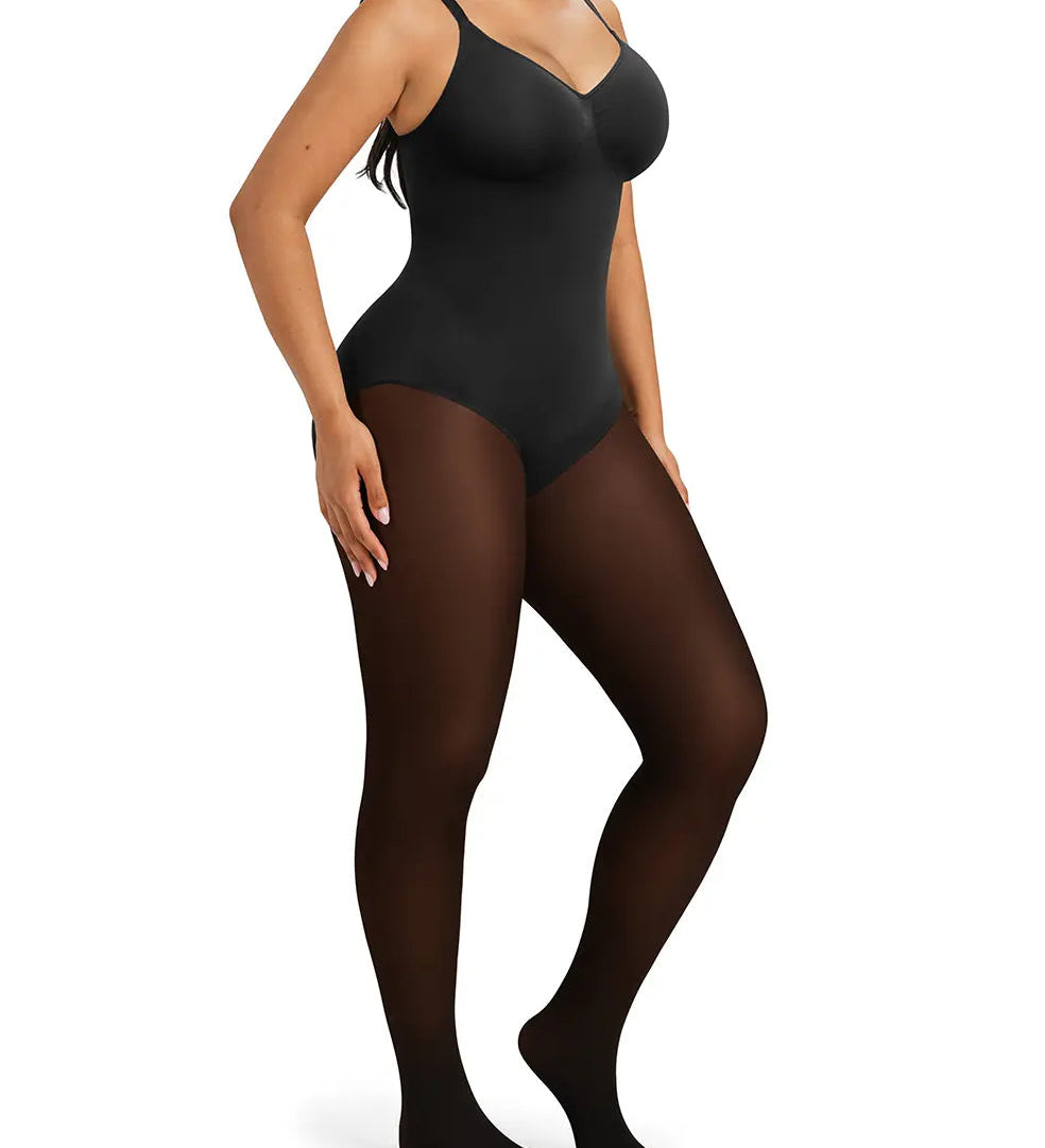 V Neck Adjustable Strap Warm Lined Sheer Panel Tummy Control Bodysuit