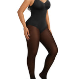 V Neck Adjustable Strap Warm Lined Sheer Panel Tummy Control Bodysuit