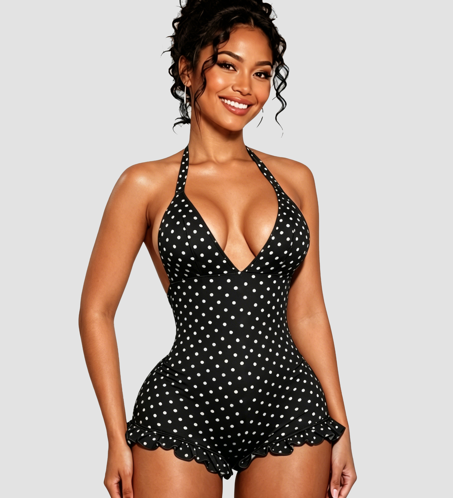 Polka Dot Halter Neck Ruffle Hem Romper Swimsuit