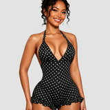 Polka Dot Halter Neck Ruffle Hem Romper Swimsuit