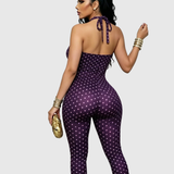 Polka Dot Halter Neck Open Back Skinny Capri Jumpsuit