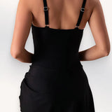 U Neck Wide Strap One-Piece Tummy Control Swimsuit With Skirt