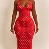 Polka Dot Corset Halter Midi Dress with Lace-Up Back