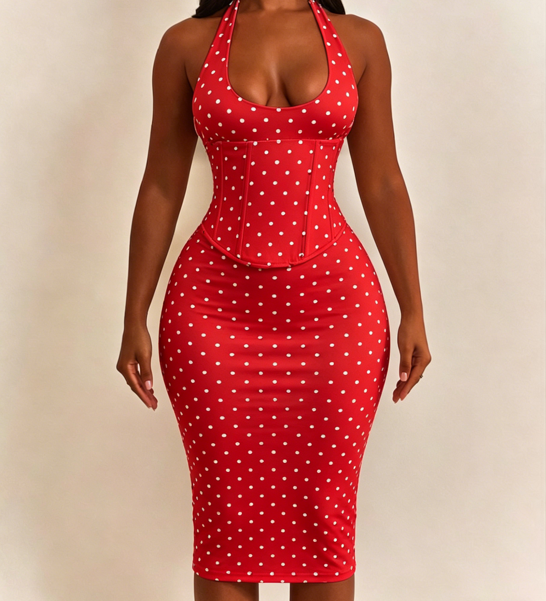 Polka Dot Corset Halter Midi Dress with Lace-Up Back