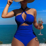 Cross Halter Ruched Front Cutout Backless One Piece Swimsuit