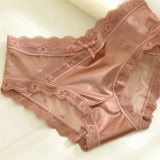 Women's mesh splicing lace edge heart pattern mid-high waist panties