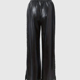Beaded Loose Wide-leg Leather Pants