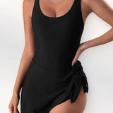 U Neck Wide Strap One-Piece Tummy Control Swimsuit With Skirt
