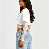 Short Sleeve Crop Top Lace Bodysuit Two Piece Outfit