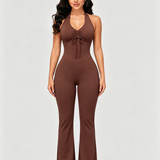 Front Drawstring Halter Mesh Back Flare Leg Jumpsuit