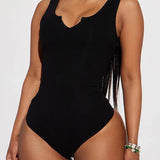 Solid Notched Neck Ribbed Sleeveless One Piece Bodysuit Shapewear
