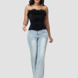 Black Velvet Feather Trim Strapless Corset Top with Lace Up Back